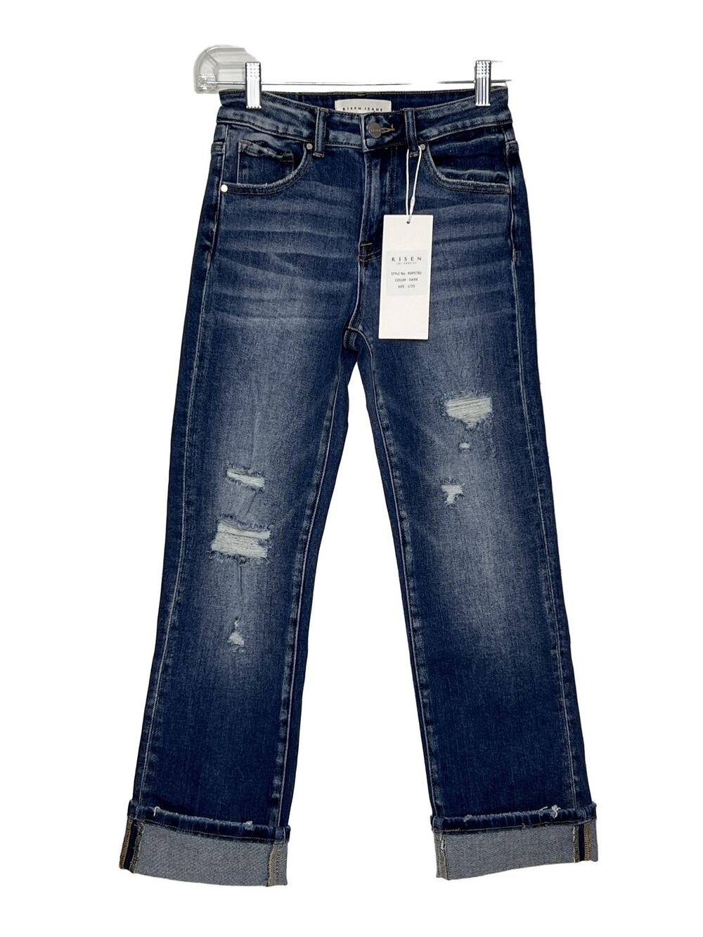 RISEN Cuffed Jeans Dark Wash Blue Straight Leg Stretch Denim Size 1 / 25